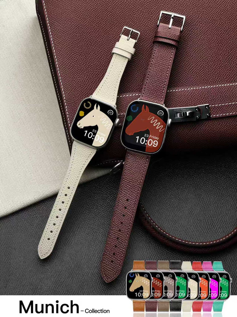 Munich Epsom Leather Apple Watch Strap – lifestyle & detail shot 1