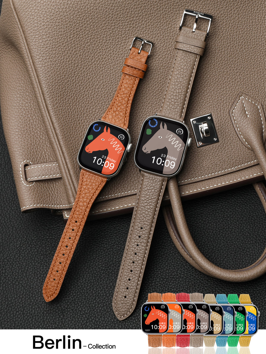 Berlin Togo Leather Apple Watch Band – lifestyle & detail shot 1